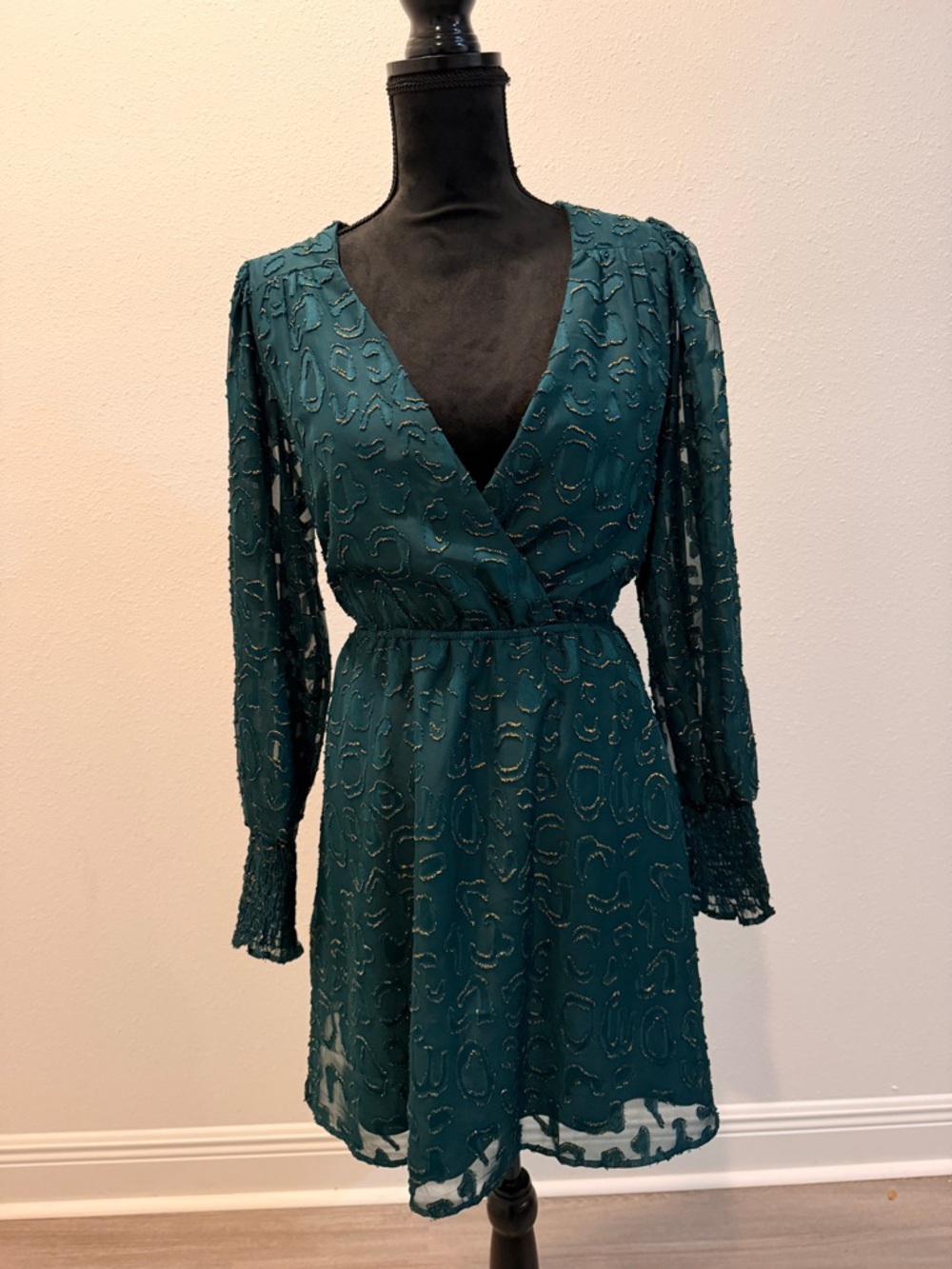 Deep Teal V-Neck Long Sleeve Textured Dress